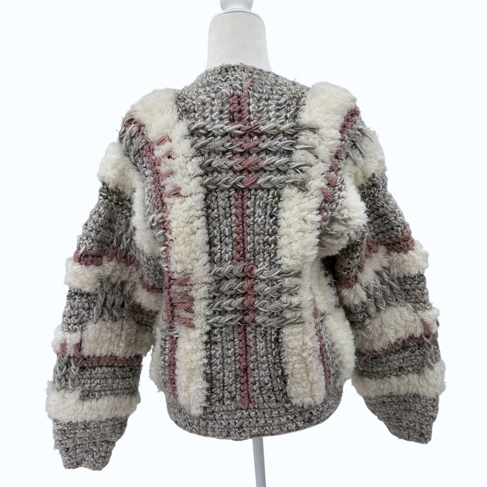 Vintage Excitement Women's Textured Knit Fuzzy Stripe Zip Up Cardigan Sweater M